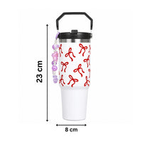Bow Print Tumbler with Handle & Decorative Bead Charm | Reusable Travel Cup with Lid & Straw