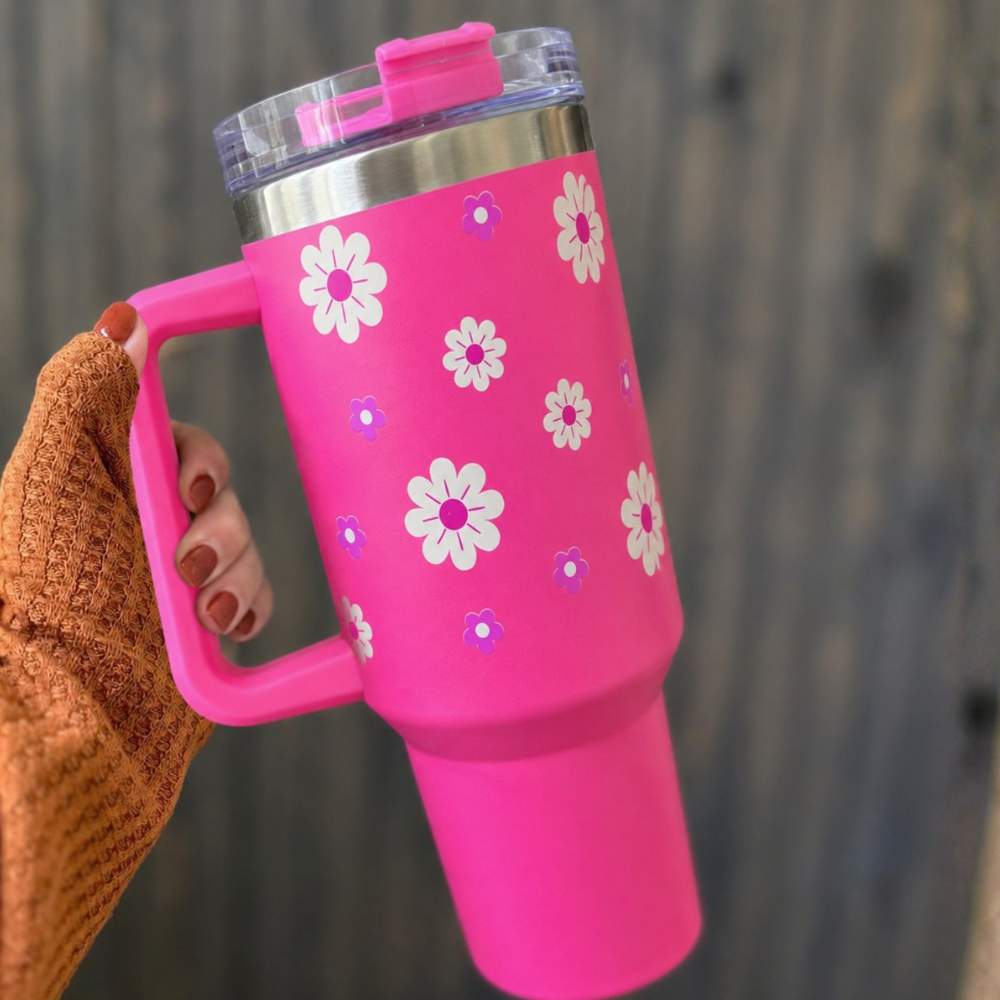 Pink Daisy Stainless Steel Floral Tumbler