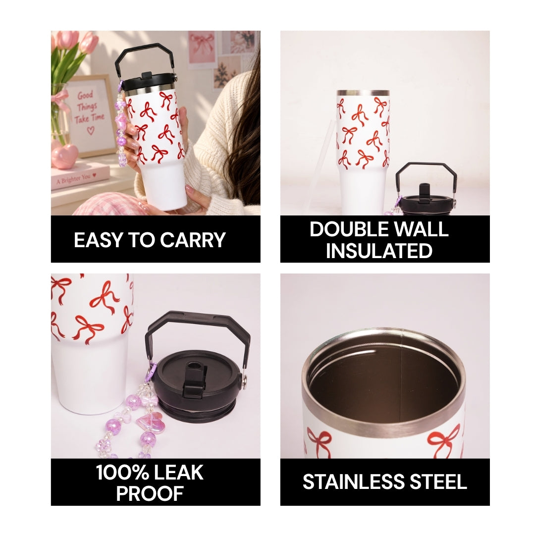 Bow Print Tumbler with Handle & Decorative Bead Charm | Reusable Travel Cup with Lid & Straw