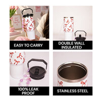 Bow Print Tumbler with Handle & Decorative Bead Charm | Reusable Travel Cup with Lid & Straw