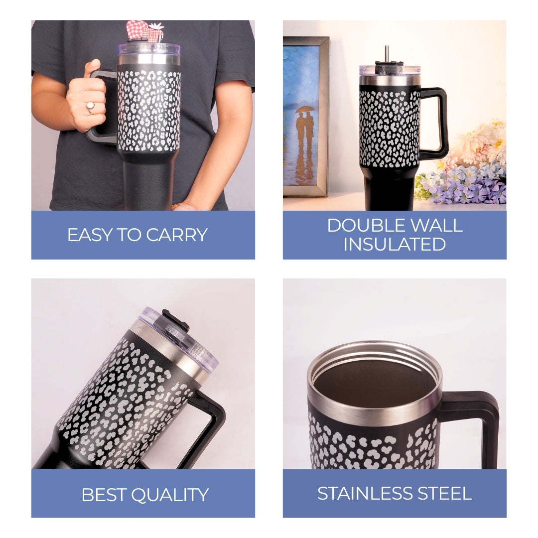 Black Leopard Print Tumbler with Handle & Straw – Stylish Reusable Travel Cup for Women & Girls