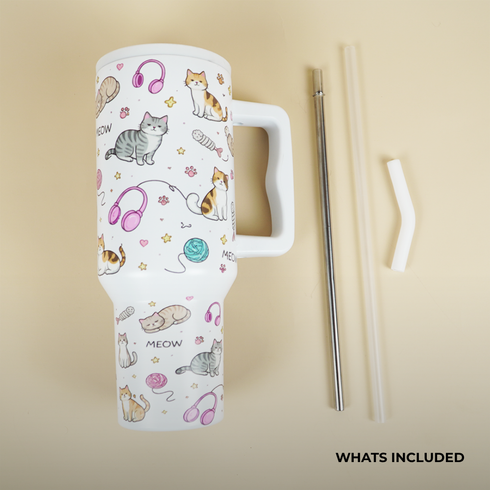 Meow Cat Insulated Tumbler— Leakproof & Insulated (White)