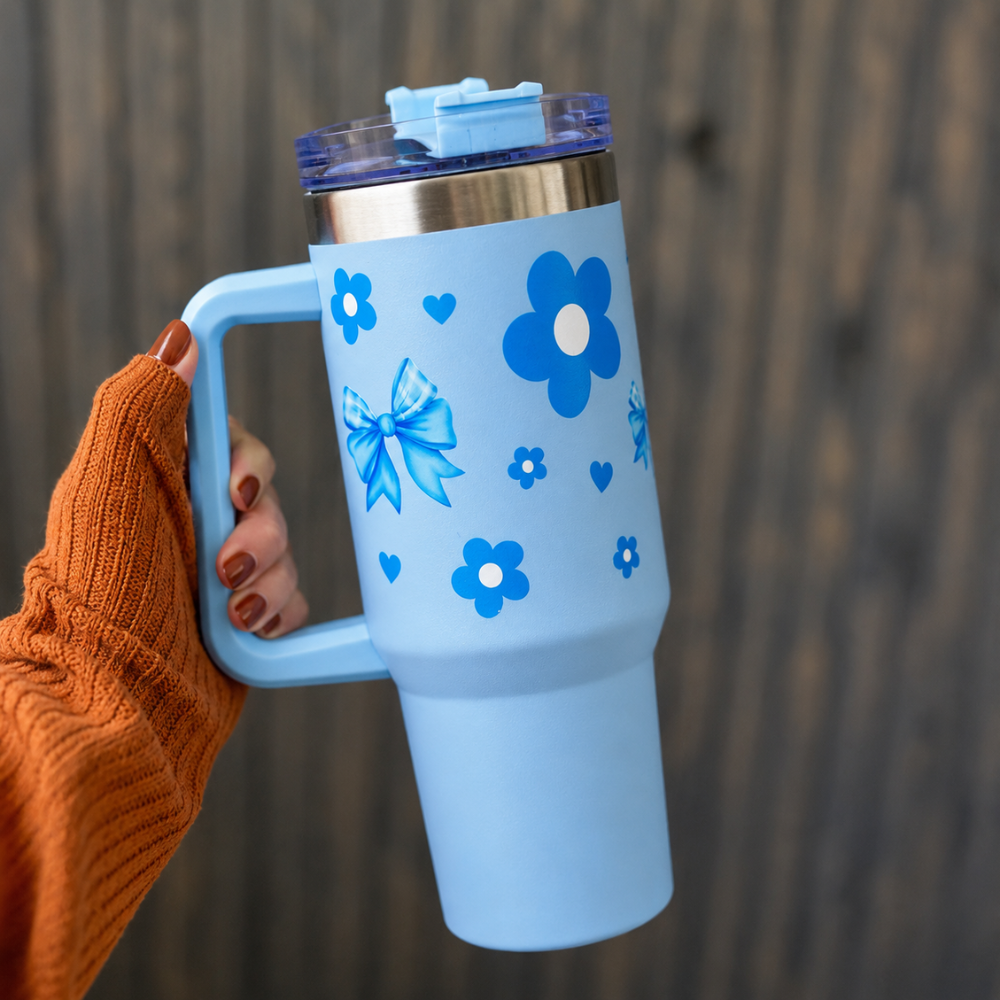 Cute Floral Blue Bow Stainless Steel Tumbler