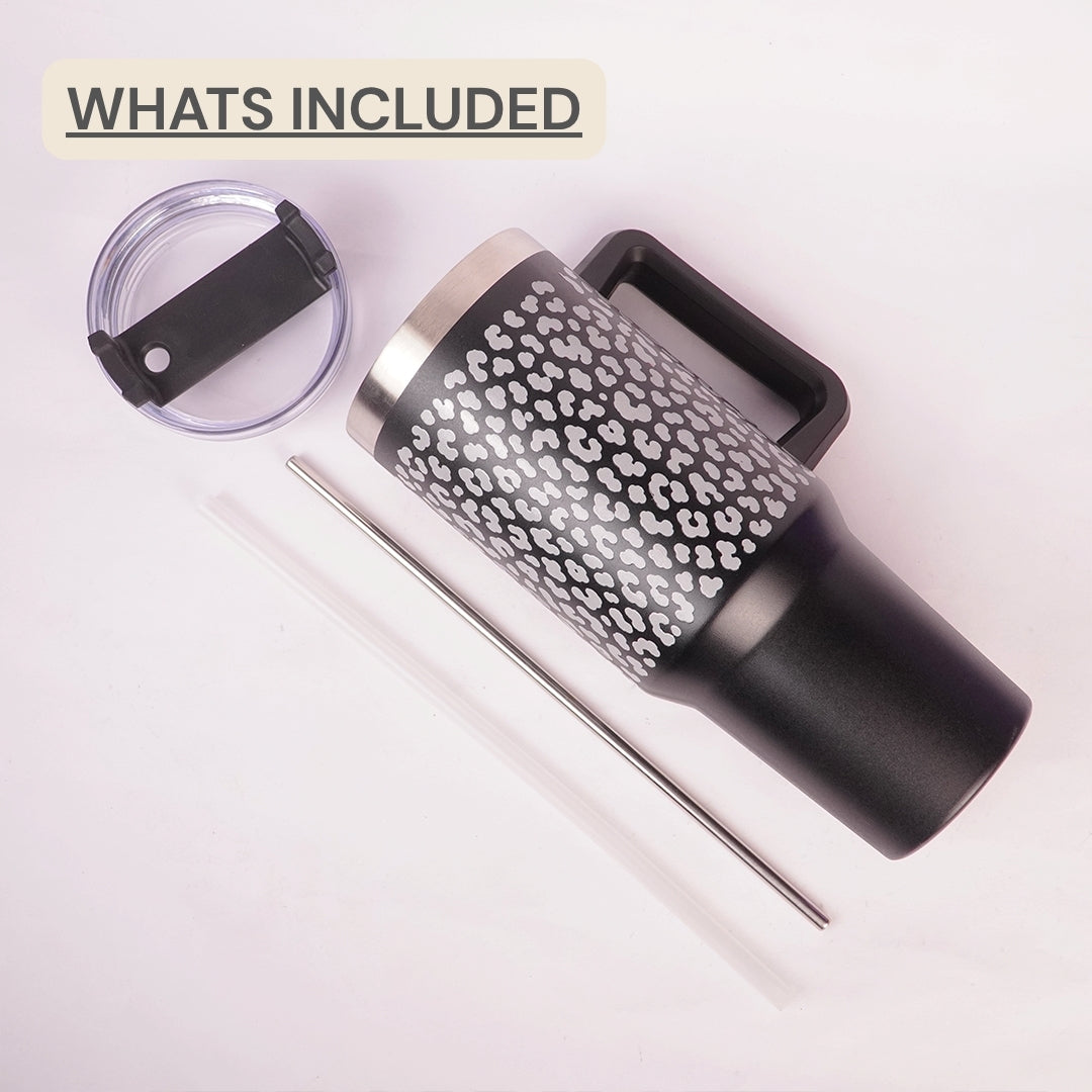 Black Leopard Print Tumbler with Handle & Straw – Stylish Reusable Travel Cup for Women & Girls
