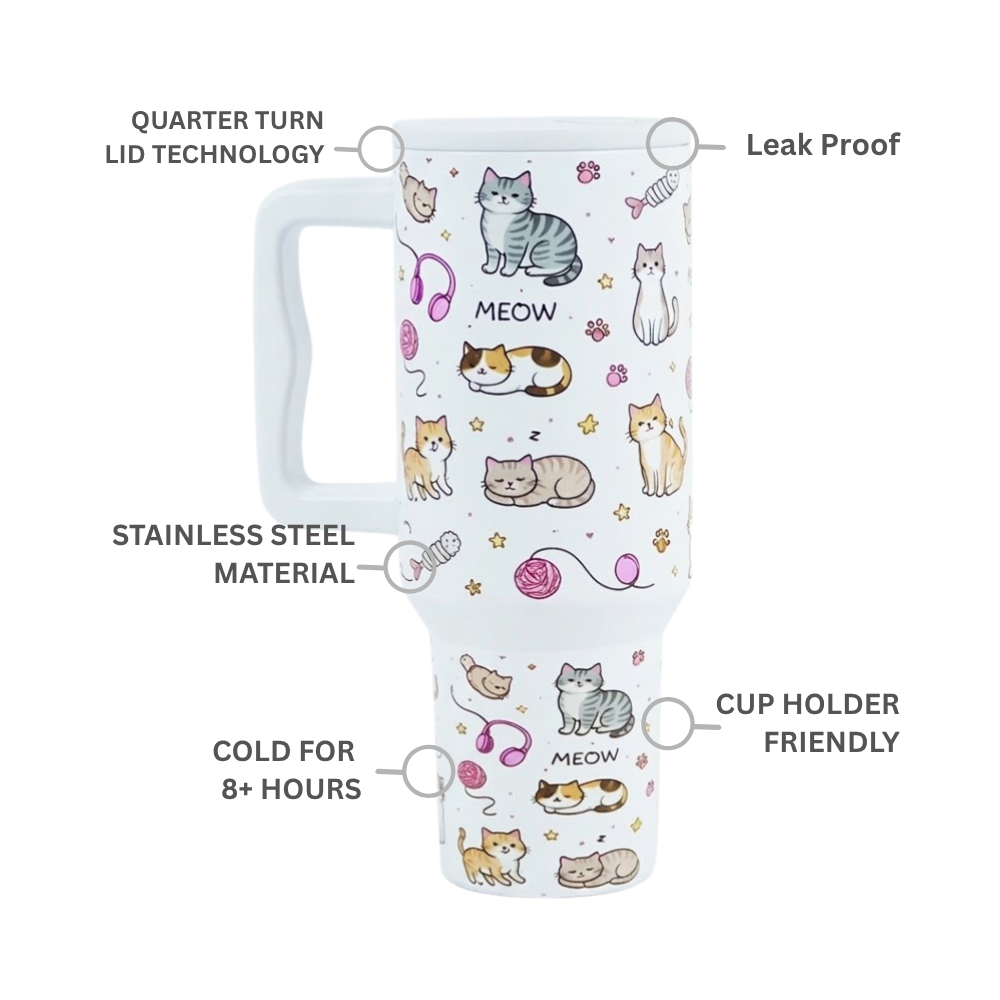 Meow Cat Insulated Tumbler— Leakproof & Insulated (White)