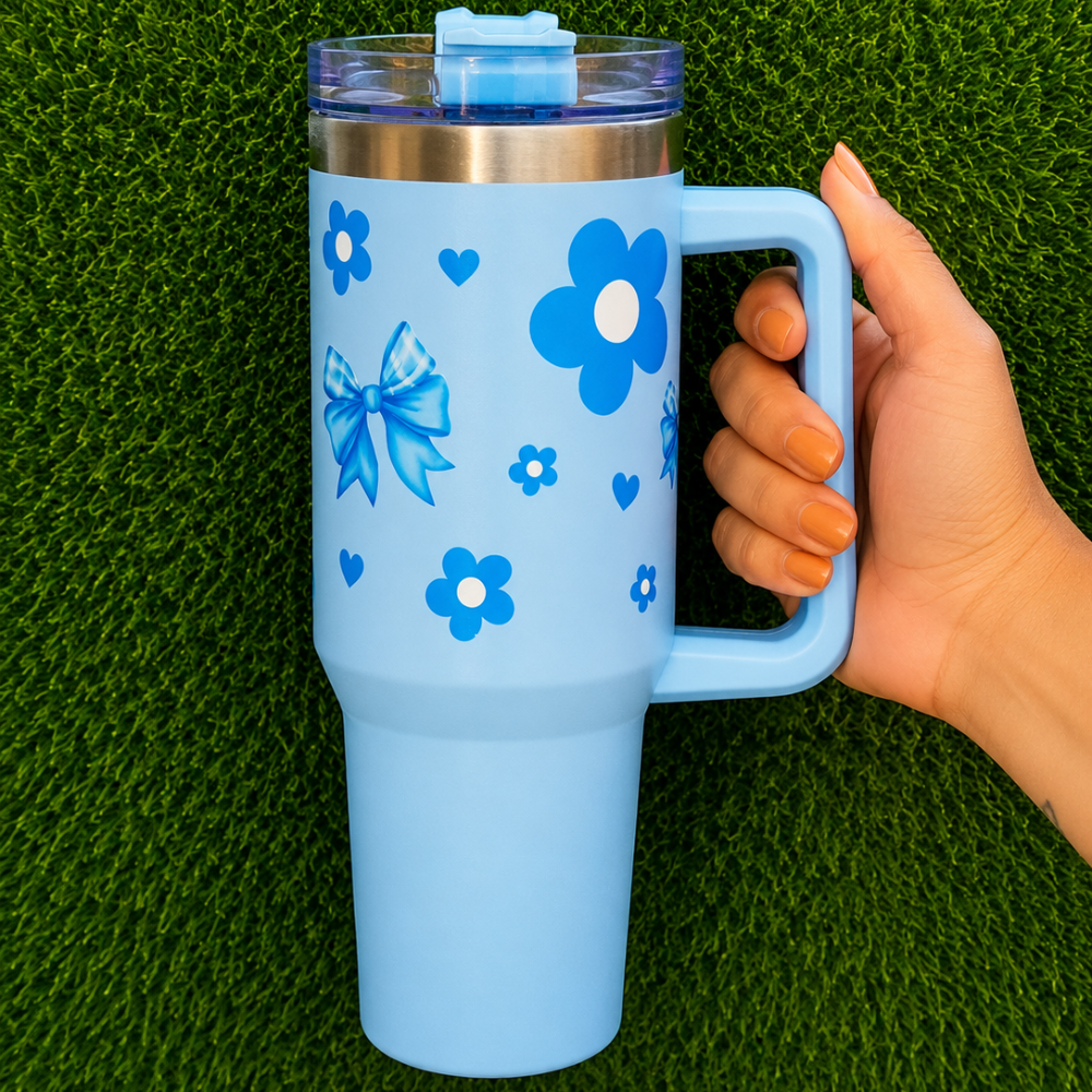Cute Floral Blue Bow Stainless Steel Tumbler