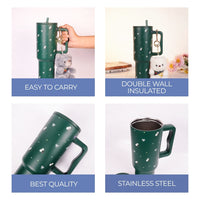 Floral Bow GREEN  Tumbler with Straw & Handle