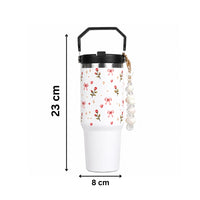 Floral Rose Print Tumbler with Handle & Straw | Reusable Travel Cup | Stylish Drinkware