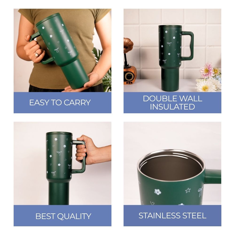 Deep Forest Green Floral & Bow Tumbler with Ergonomic Handle