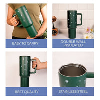 Deep Forest Green Floral & Bow Tumbler with Ergonomic Handle