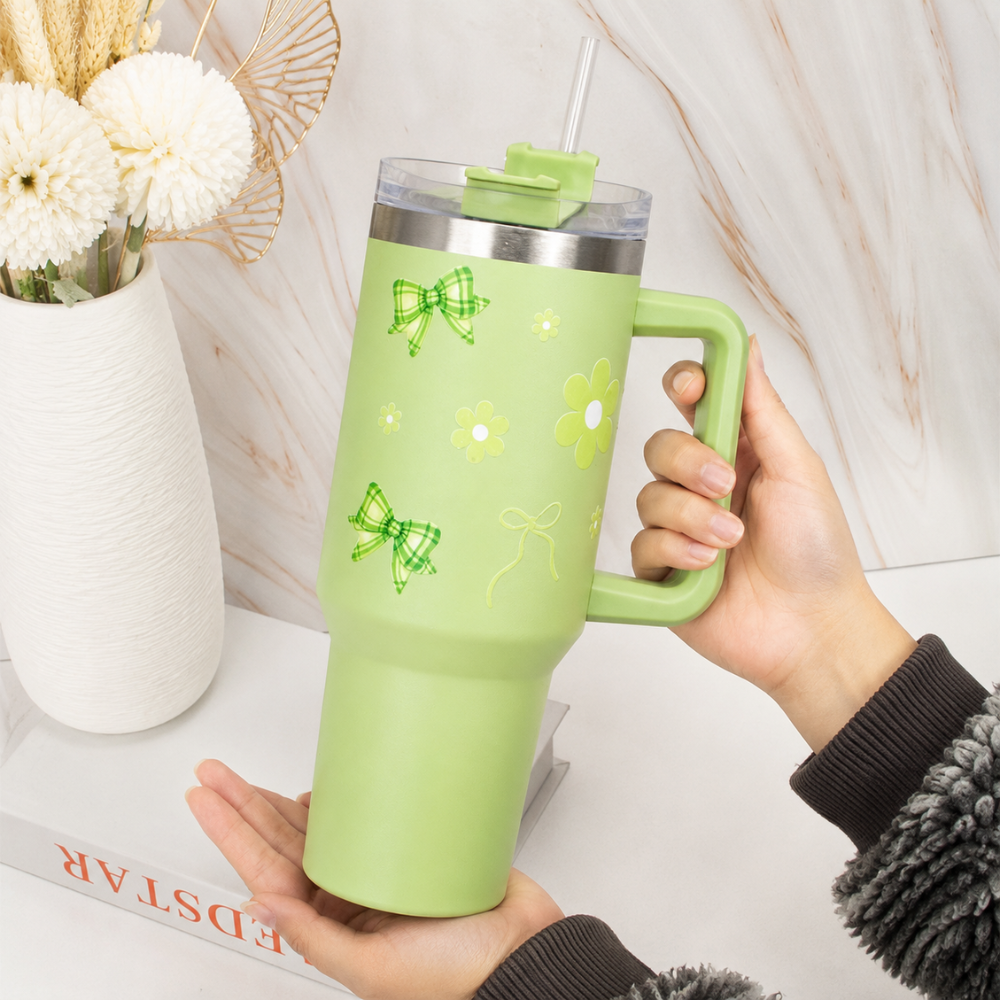 Cute Floral Green Bow Stainless Steel Tumbler