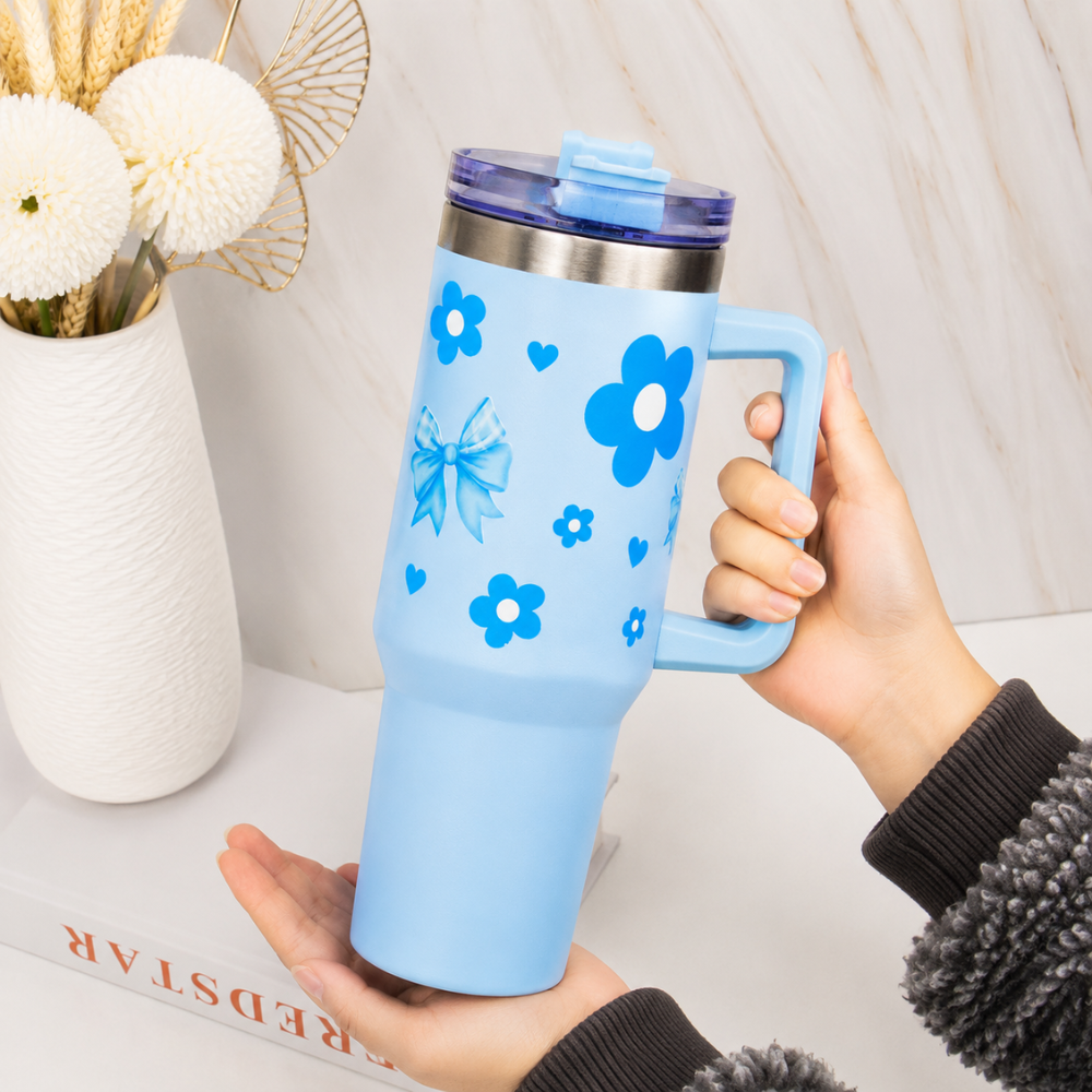 Cute Floral Blue Bow Stainless Steel Tumbler
