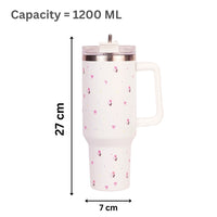 White Flower Tumbler with Handle & Straw – Cute Rose & Bow Design Reusable Travel Cup