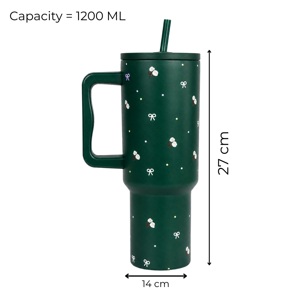 Floral Bow GREEN  Tumbler with Straw & Handle
