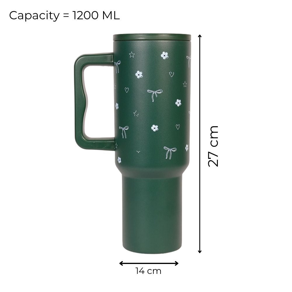 Deep Forest Green Floral & Bow Tumbler with Ergonomic Handle