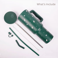 Floral Bow GREEN  Tumbler with Straw & Handle