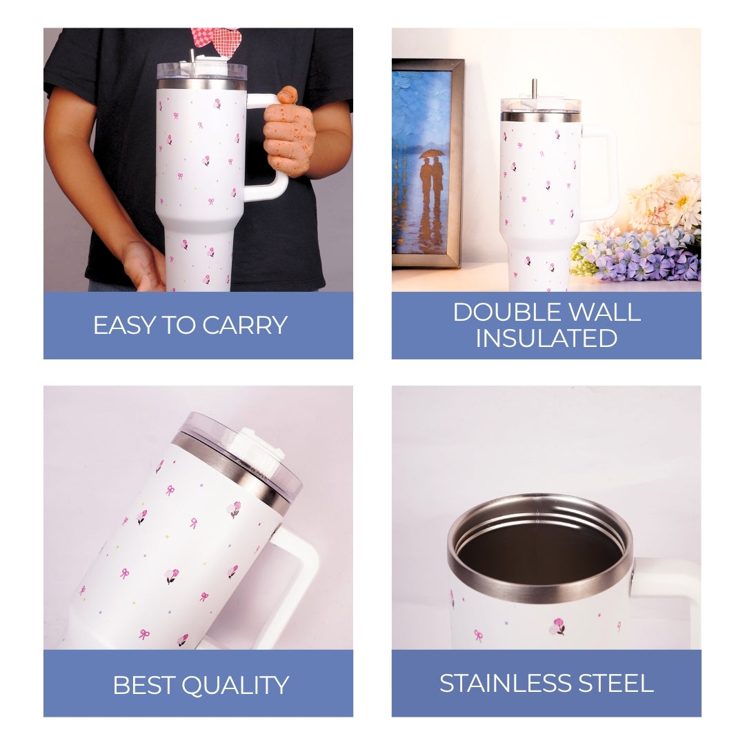 White Flower Tumbler with Handle & Straw – Cute Rose & Bow Design Reusable Travel Cup