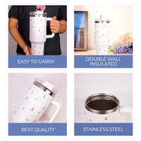 White Flower Tumbler with Handle & Straw – Cute Rose & Bow Design Reusable Travel Cup