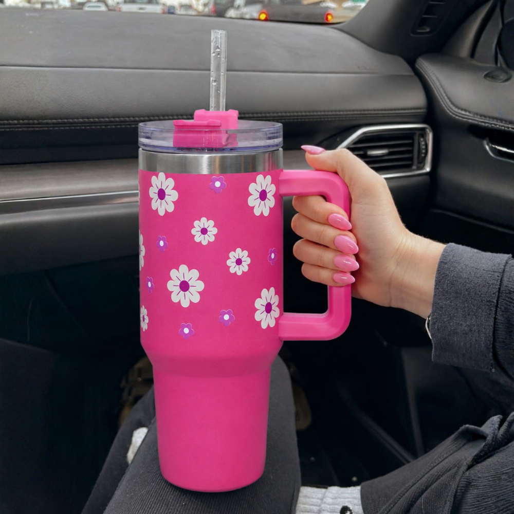Pink Daisy Stainless Steel Floral Tumbler