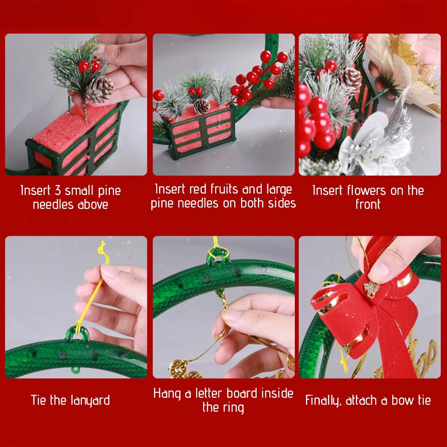 LED Christmas Wreath with Flowers & Red Bow – 30cm Festive “Merry Christmas” Hanging Decoration