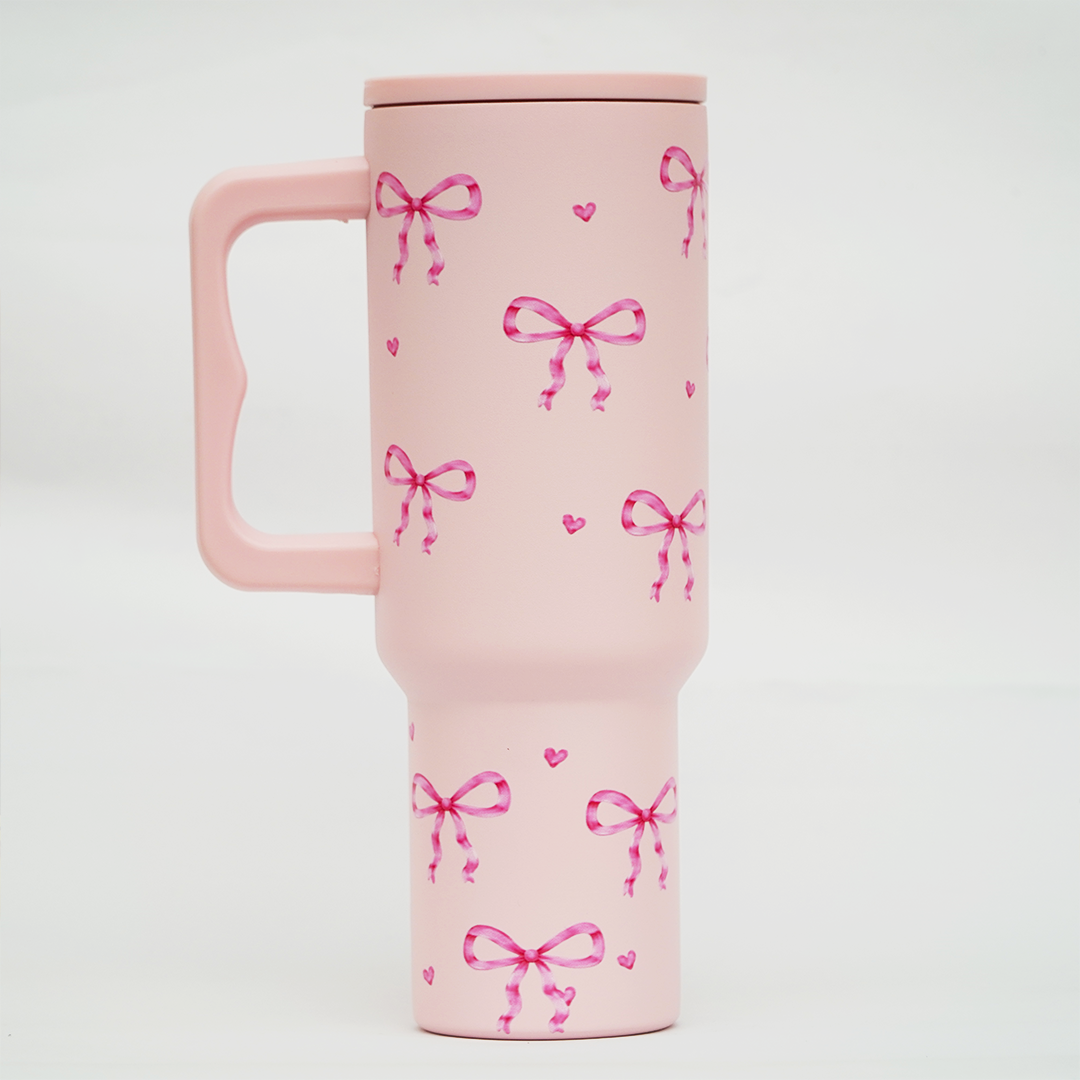 Pink Bow Stainless Steel Travel Tumbler with Handle & Leakproof Lid | Double Wall Vacuum Insulated Coffee Mug