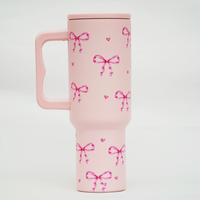 Pink Bow Stainless Steel Travel Tumbler with Handle & Leakproof Lid | Double Wall Vacuum Insulated Coffee Mug