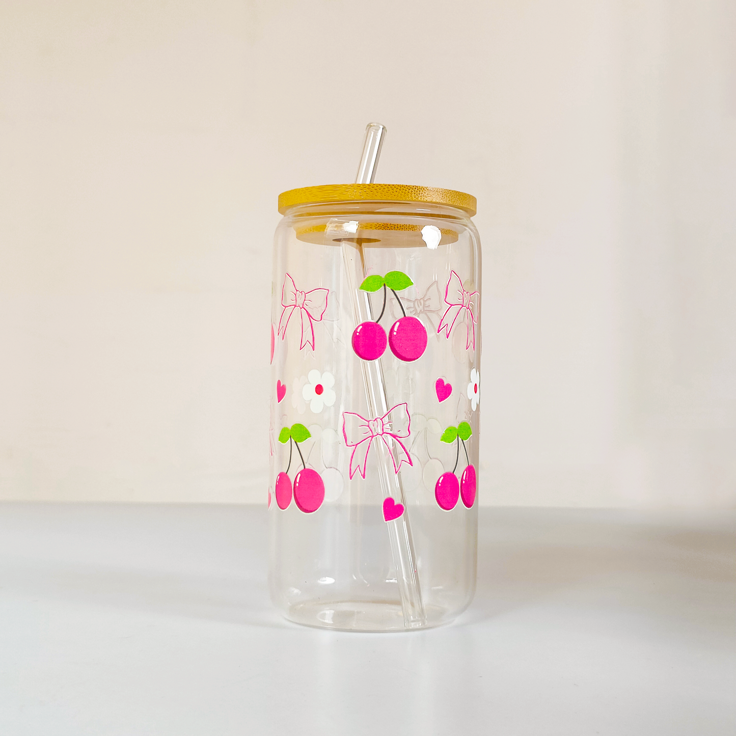 Cherry Bliss Glass Tumbler with Bamboo Lid & Straw – Cute & Eco-Friendly Drinkware
