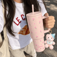 Personalized  Pink Tulip Bow Tumbler with Straw & Hand