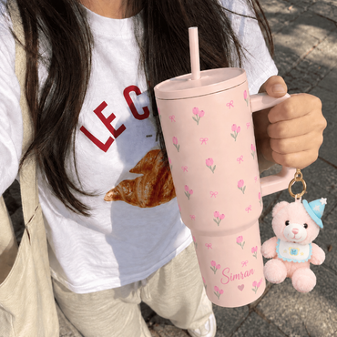 Personalized  Pink Tulip Bow Tumbler with Straw & Hand