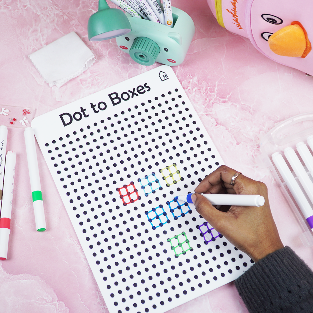 Dot to Boxes Reusable Learning Board for Kids with Pen Box & Cleaning Cloth