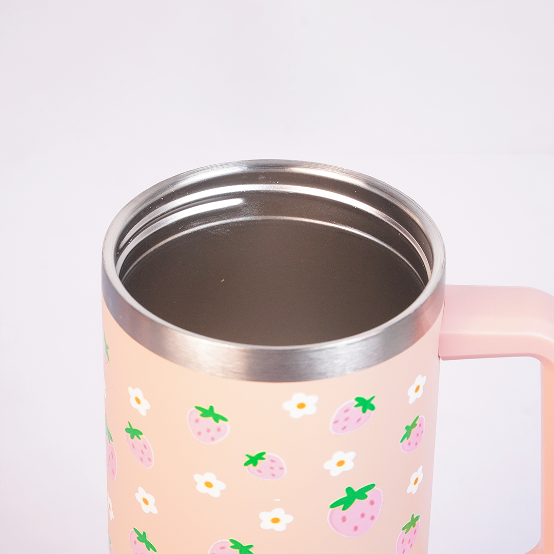 Peach Strawberry Tumbler with Straw & Handle – Cute Pink Fruit Print Travel Tumbler