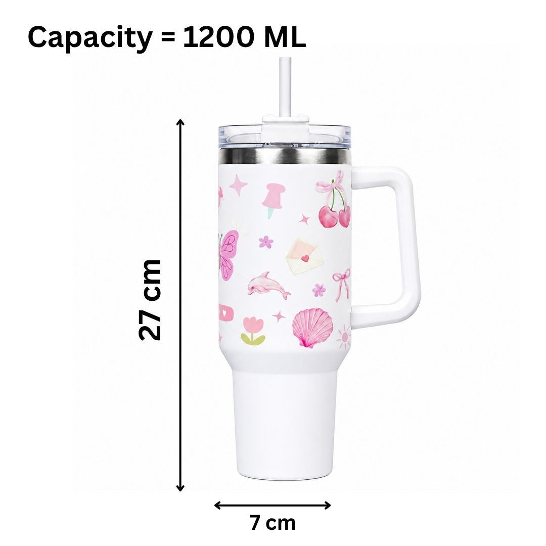 White Pink Cherry Print Tumbler with Straw & Handle – Aesthetic Travel Coffee Cup