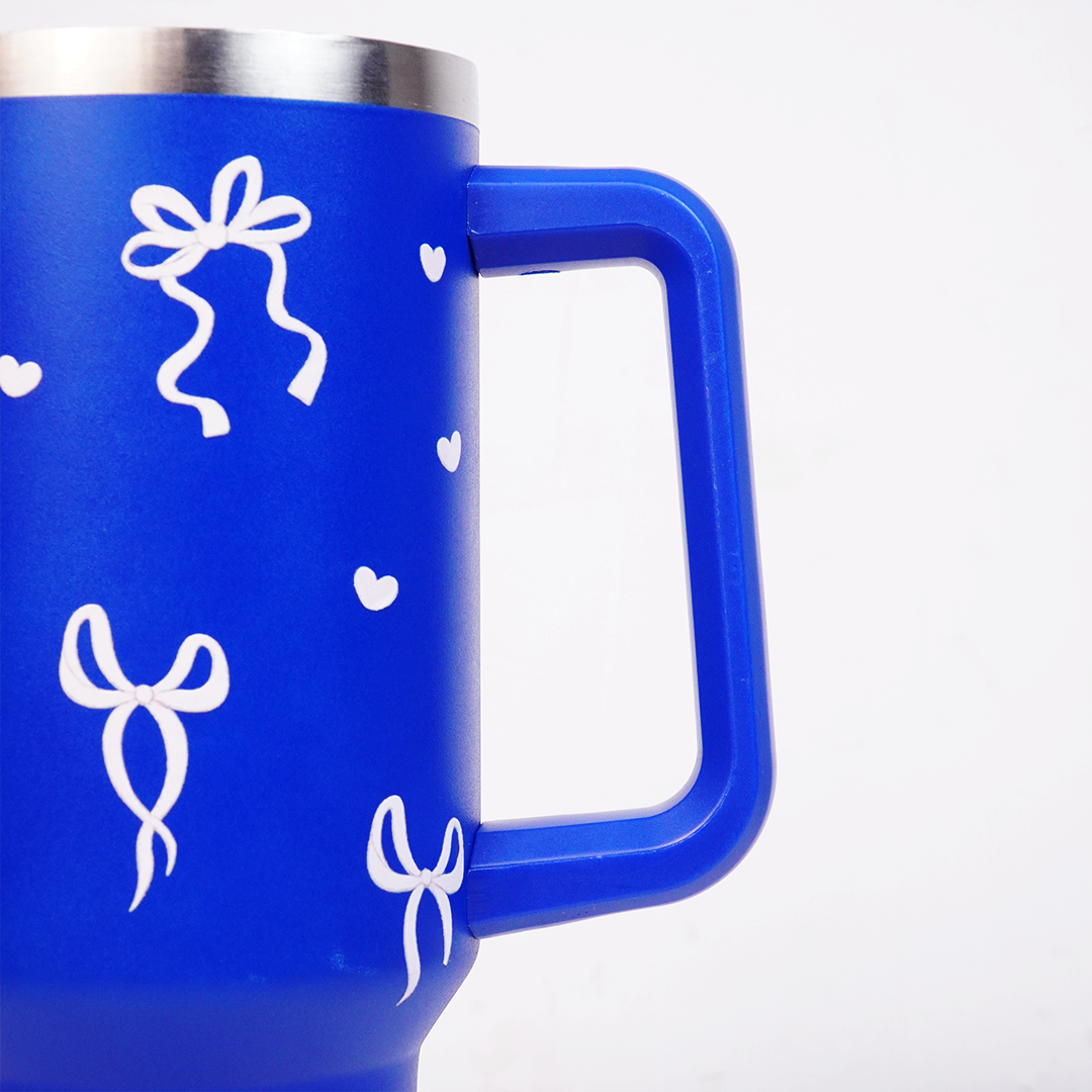 Royal Blue Bow & Heart Tumbler with Straw & Handle – Cute Coquette Travel Tumbler