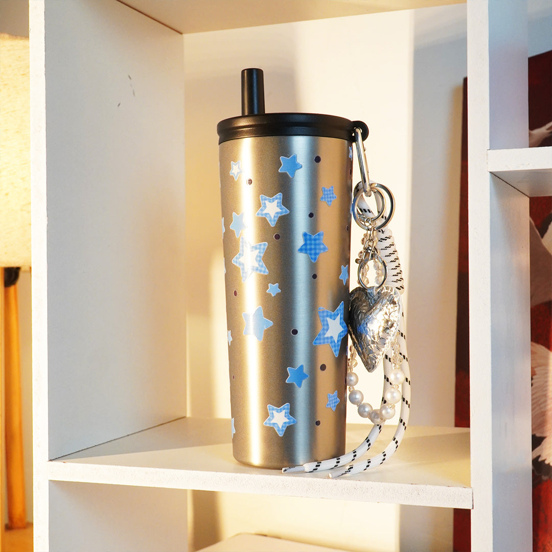 Star Print Sipper Bottle with Charm | Reusable Travel Water Bottle | Cute Everyday Drinkware