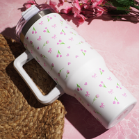 Floral Stainless Steel Insulated Tumbler with Handle & Straw – 1200ml Leakproof Travel Mug | Height 27cm, Width 7cm