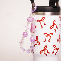 Bow Print Tumbler with Handle & Decorative Bead Charm | Reusable Travel Cup with Lid & Straw