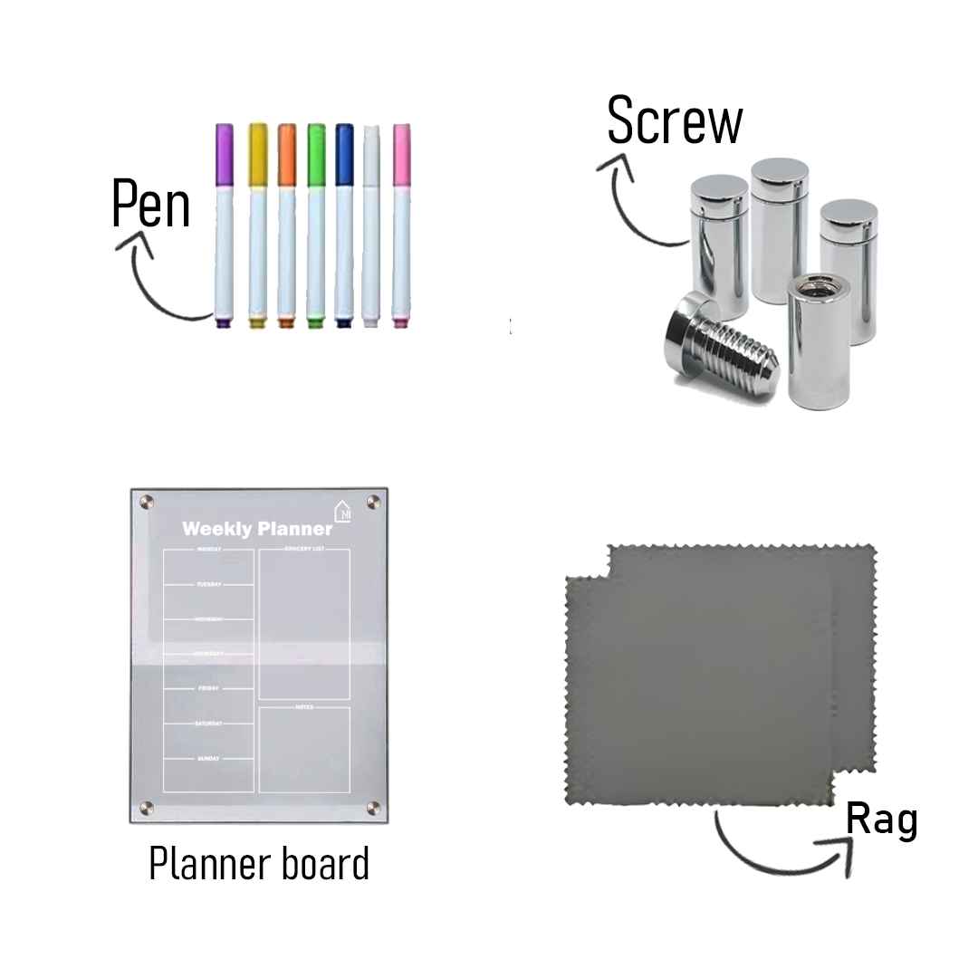 Acrylic Weekly Magnetic Planner With Grocery list and Notes Column(Pens + Rag)