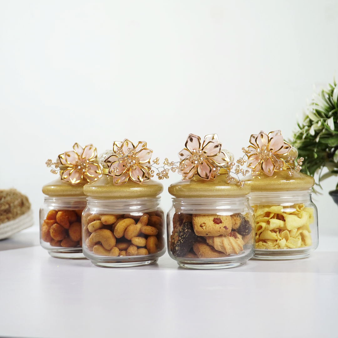 Set-4 Luxury Decorative Storage Jars Set with Pearl & Floral Lid