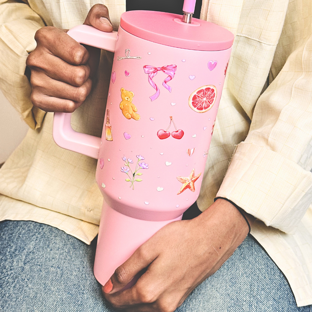Blush Pop Aesthetic Tumbler with Handle, Straw & Spill-Proof Lid