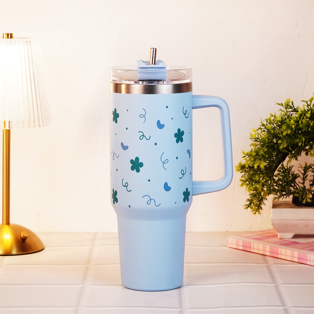 Blue Floral & Heart Print Tumbler – Insulated Travel Tumbler with Handle & Straw