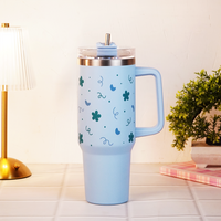 Blue Floral & Heart Print Tumbler – Insulated Travel Tumbler with Handle & Straw
