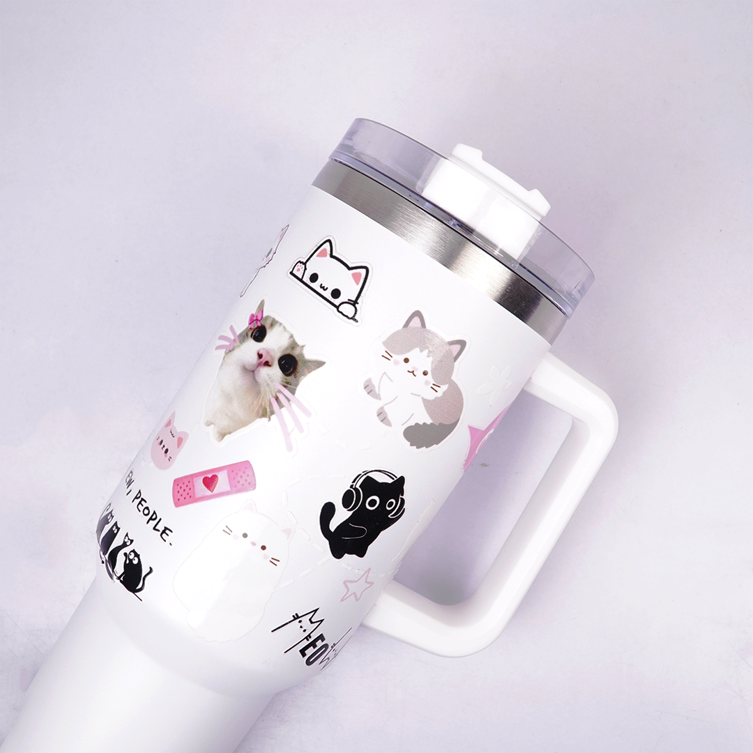 White Cat Print Tumbler with Straw & Handle – Cute Aesthetic Travel Coffee Cup
