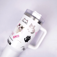 White Cat Print Tumbler with Straw & Handle – Cute Aesthetic Travel Coffee Cup