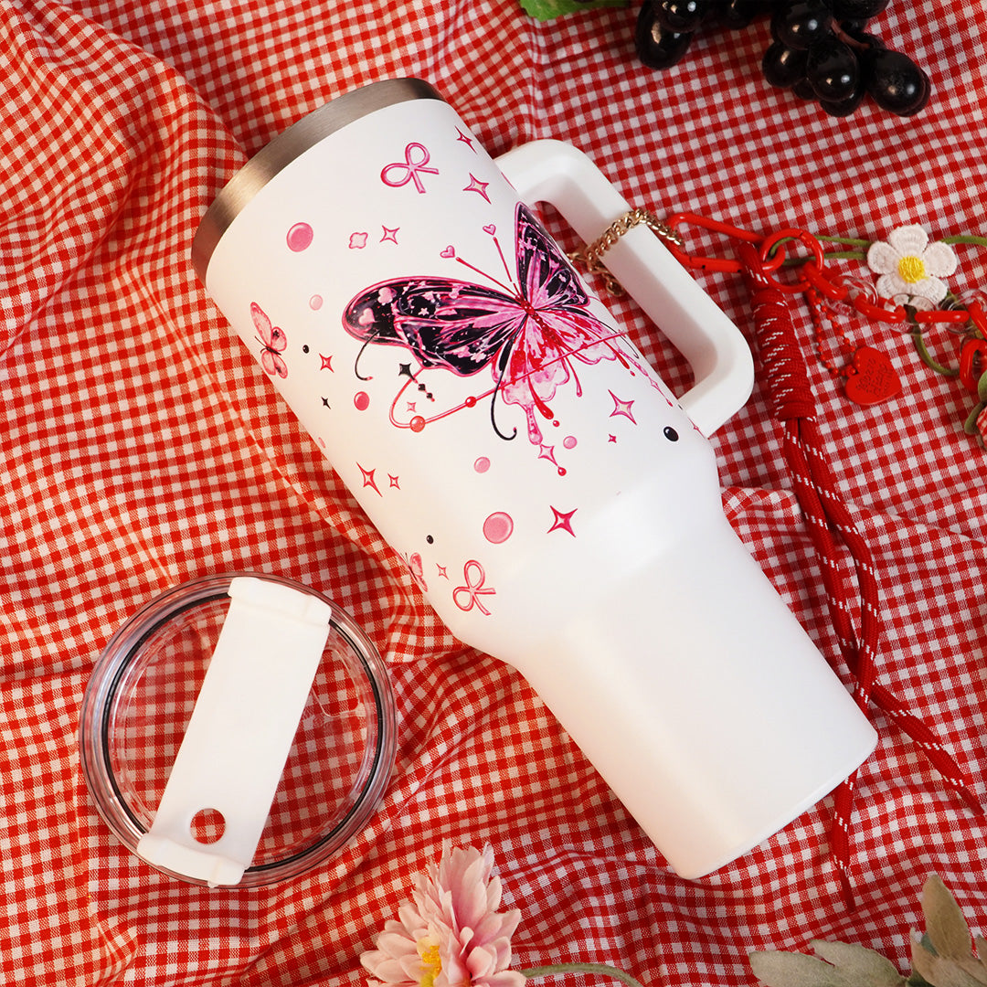 Butterfly Print Tumbler with Handle & Charm | Reusable Travel Cup | Cute Everyday Drinkware