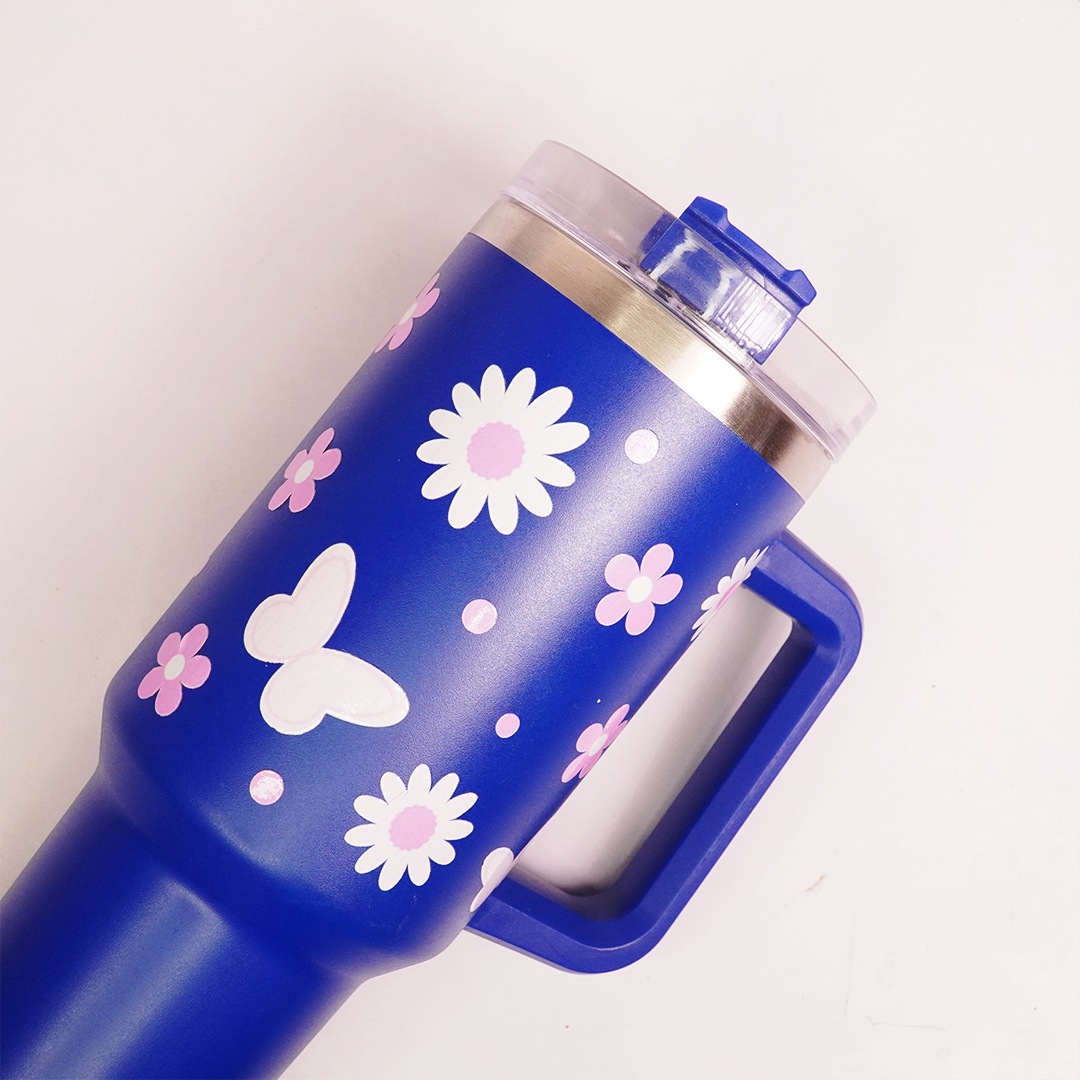 Sun Flower Print Tumbler with Handle & Straw | Reusable Travel Water Cup | Stylish Drinkware