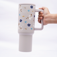 Blue Floral Stainless Steel Travel Tumbler with Handle | Double Wall Insulated & Leakproof