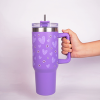 Purple Floral Tumbler with Handle & Straw – Cute Reusable Travel Cup for Everyday Drinks