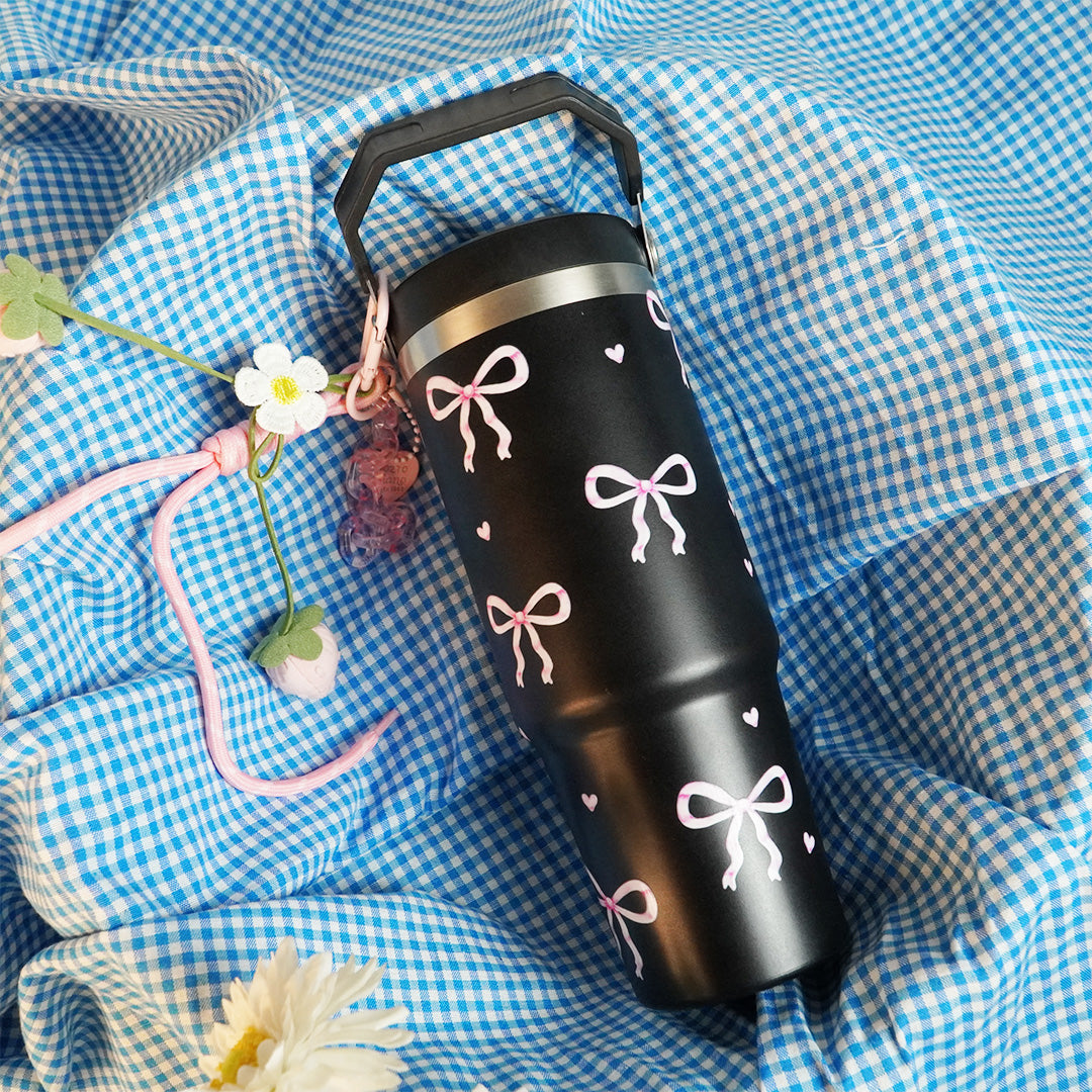 Bow Print Tumbler with Handle & Charm | Reusable Travel Cup | Cute Everyday Drinkware