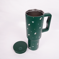 Floral Bow GREEN  Tumbler with Straw & Handle