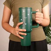 Deep Forest Green Floral & Bow Tumbler with Ergonomic Handle